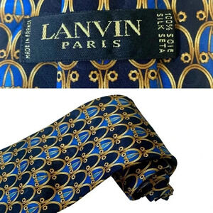 LANVIN Paris 100% Silk Made in France Blue and Gold Geometric Designer Neck Tie